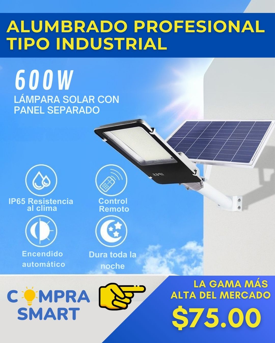 LAMPARA SOLAR 600 WATTS PANEL SEPARADO