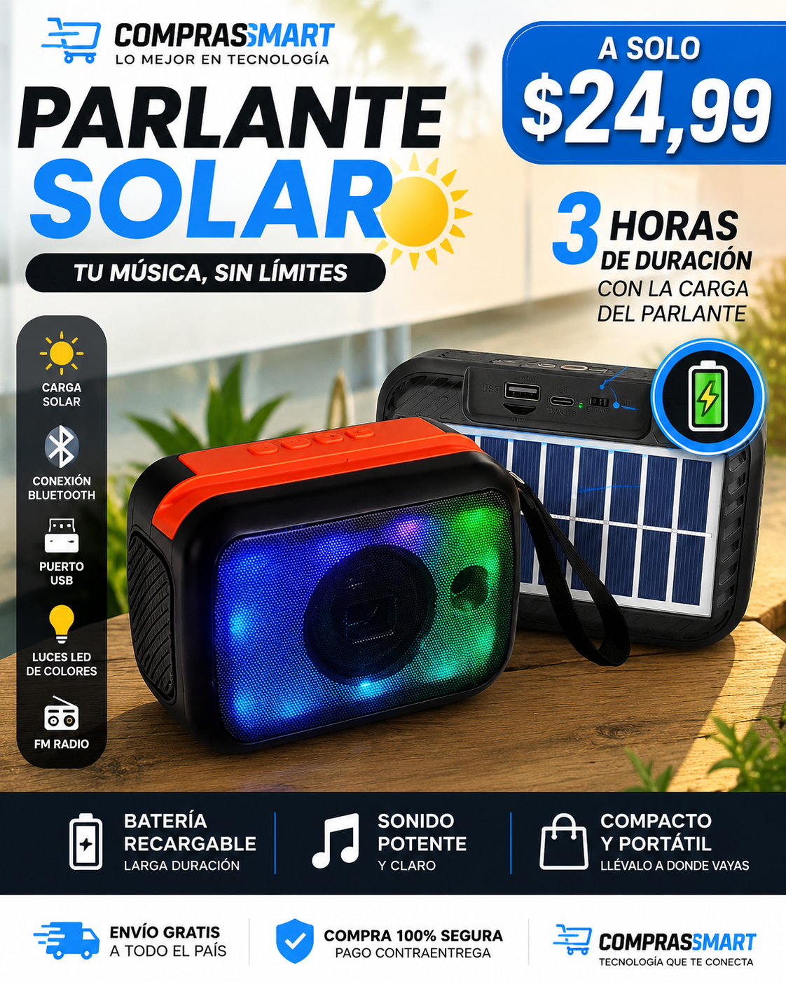 Parlante Solar Portatil+Bluetooth