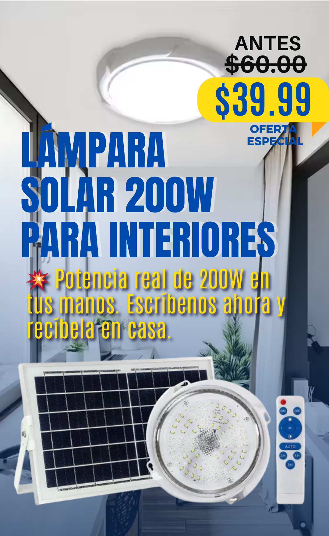 LÁMPARA SOLAR PARA INTERIORES 200 WATTS