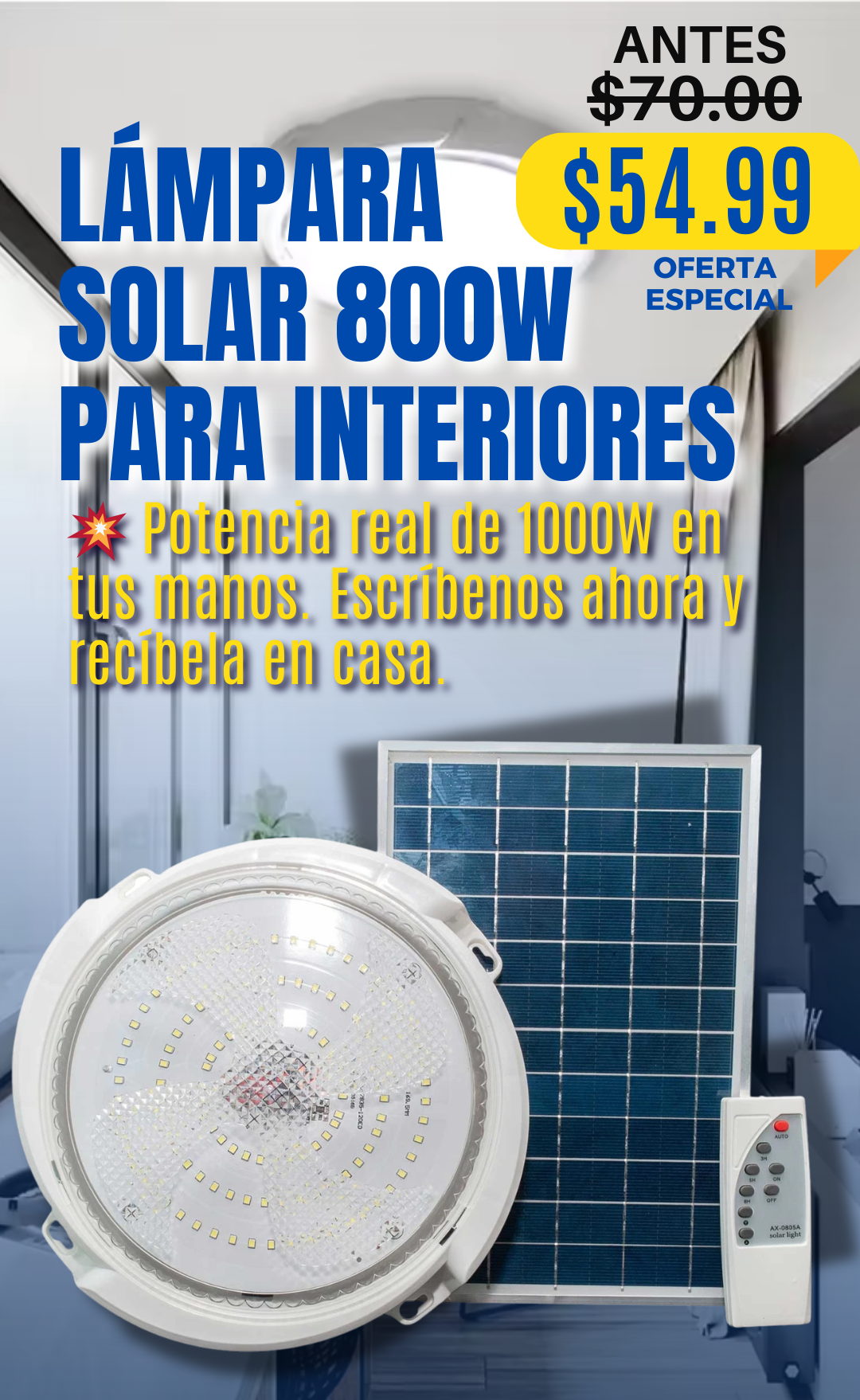 LÁMPARA SOLAR PARA INTERIORES 800 WATTS